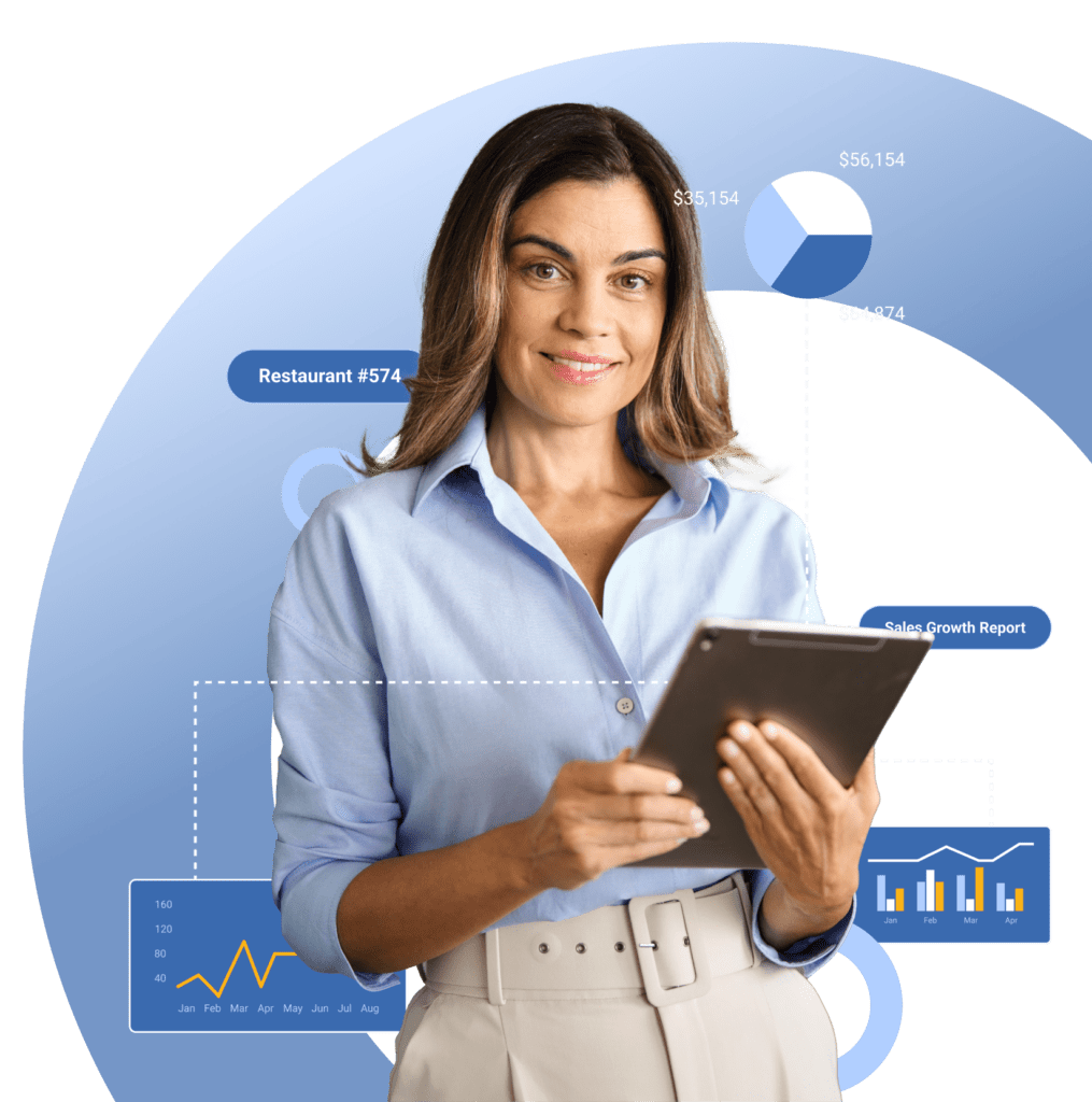 Professional woman holding tablet with images of charts and graphics around her